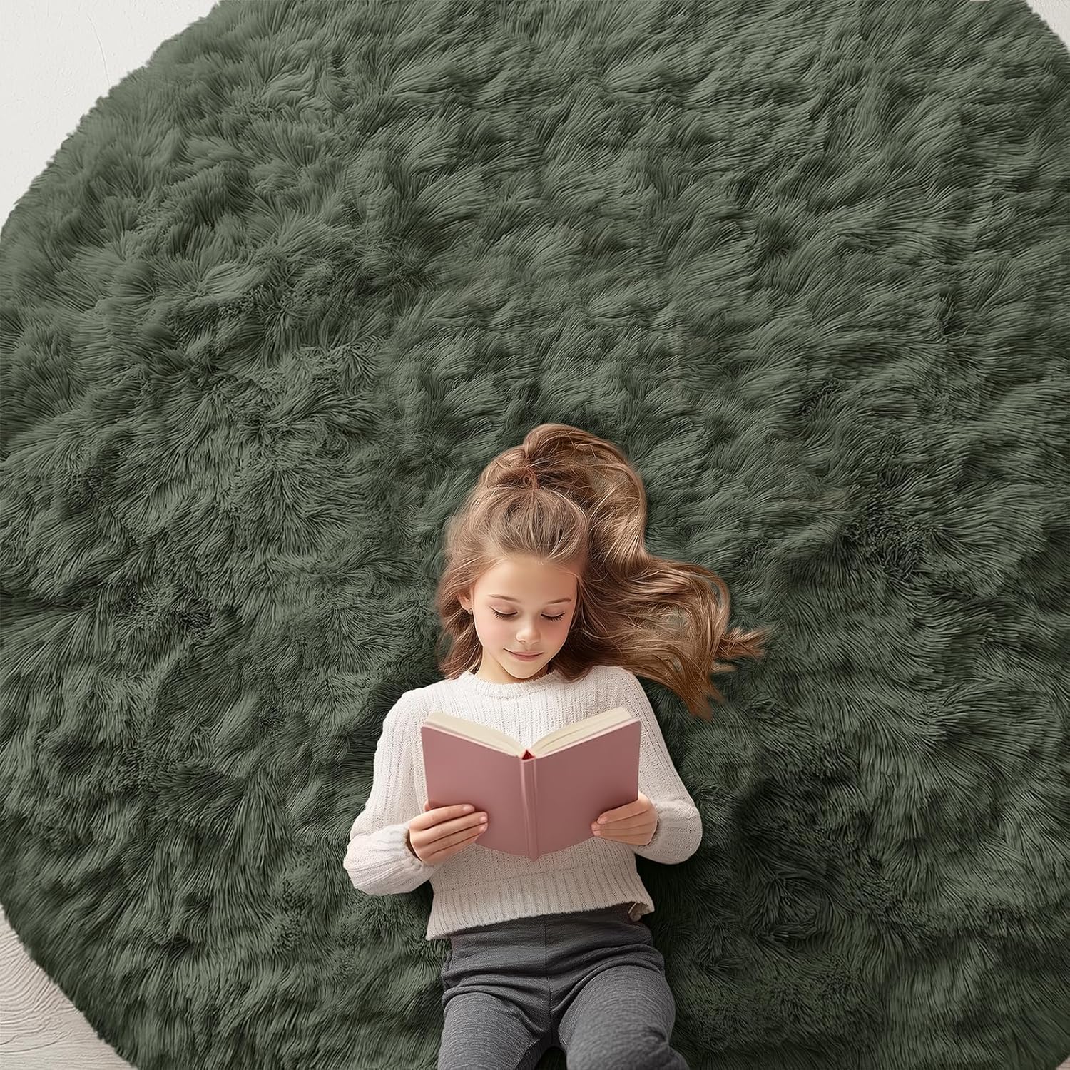 OLANLY Olive Green Round Rug - Soft, Fluffy, Machine Washable 7 ft Circle Area Rug for Bedroom & Living Room Decor