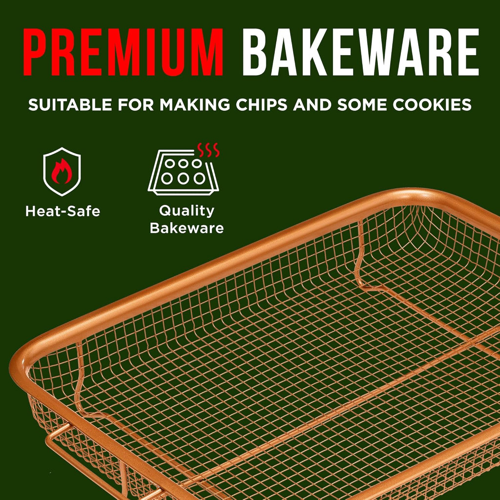 Bakken Swiss 2-In-1 Air Fryer Tray - Nonstick Copper Crisper Basket, Extra-Large 9.5"x13", Dishwasher Safe