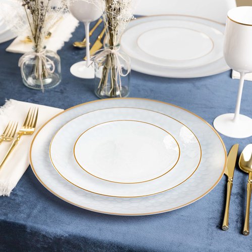 PARTY BARGAINS Plastic Plates with Gold Rim, 64-Pack Hammered Transparent White Disposable Party Plates, 7″ Appetizer & 10″ Dinner Plates for Weddings, Parties & Events