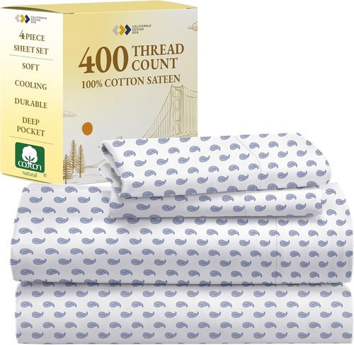 California Design Den Full Size Bed Sheets Set - 400 Thread Count Sateen, Deep Pocket, 100% Cotton - Paisley Blue