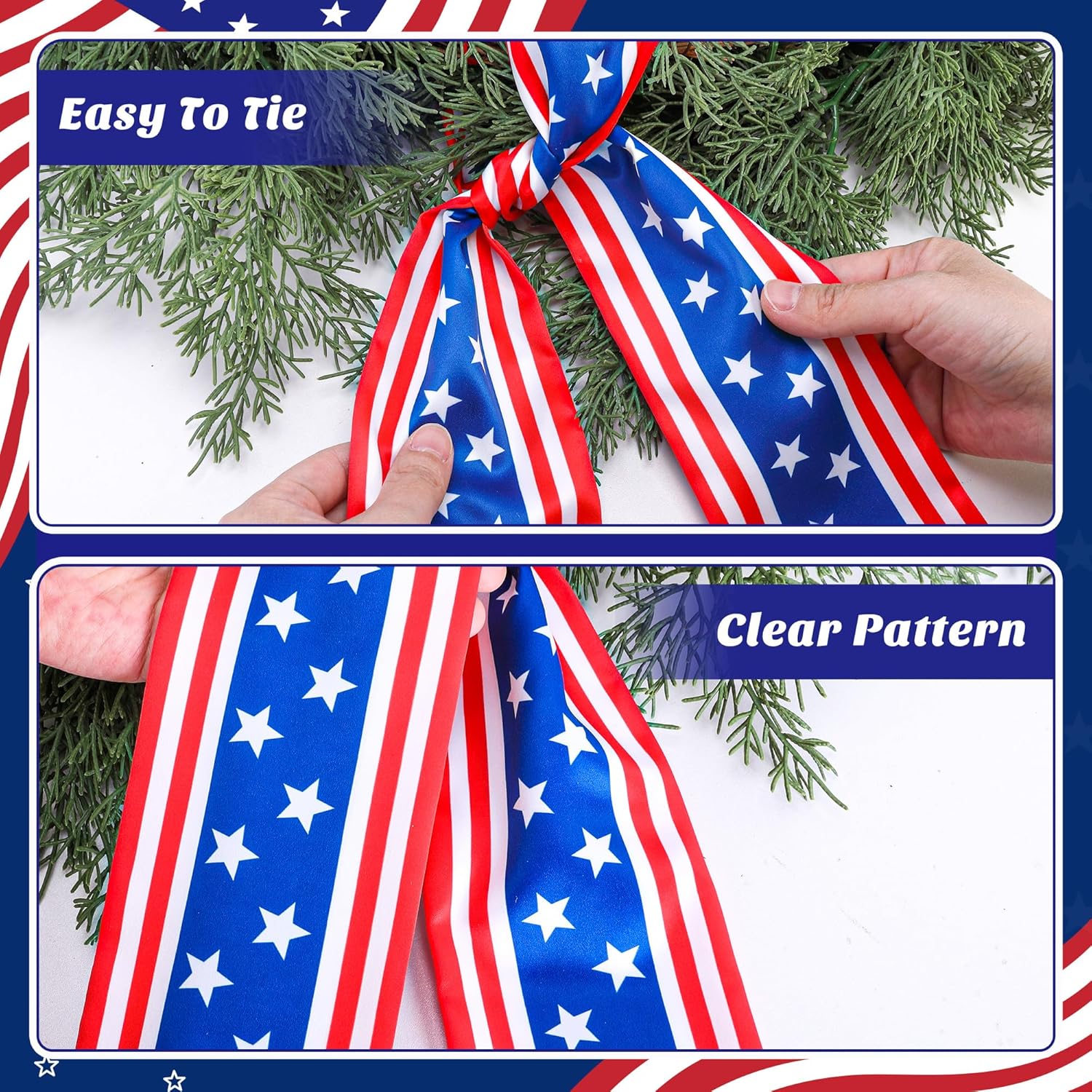 RunNico Patriotic Wreath Sash - 2 Pack Red, White & Blue 53" L x 3.4" W Satin Decor for 4th of July