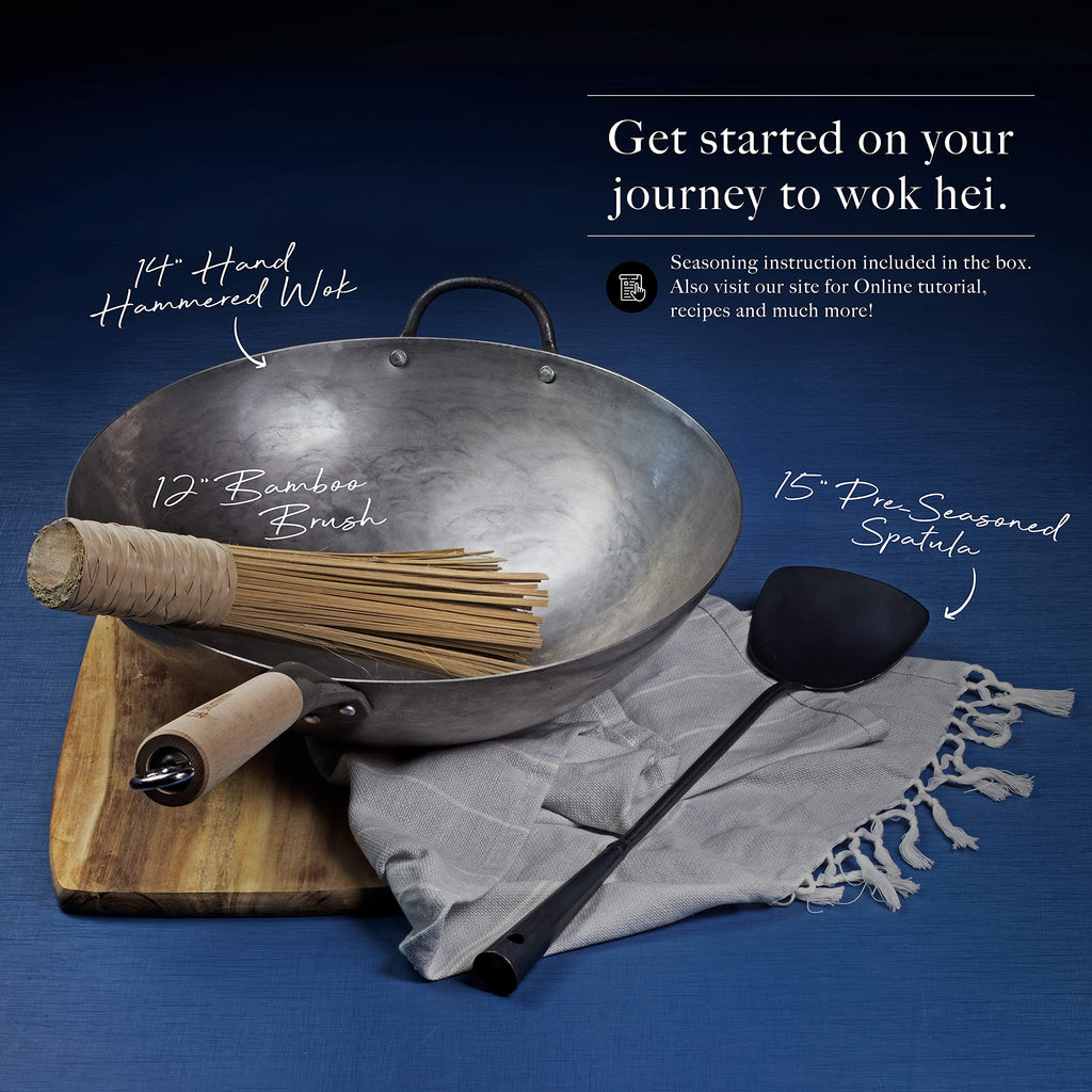 Mammafong Traditional Hand Hammered Round Bottom Carbon Steel Pow Wok Set with Wok Spatula and Bamboo Brush (14 inch wok set with wok accessories)…