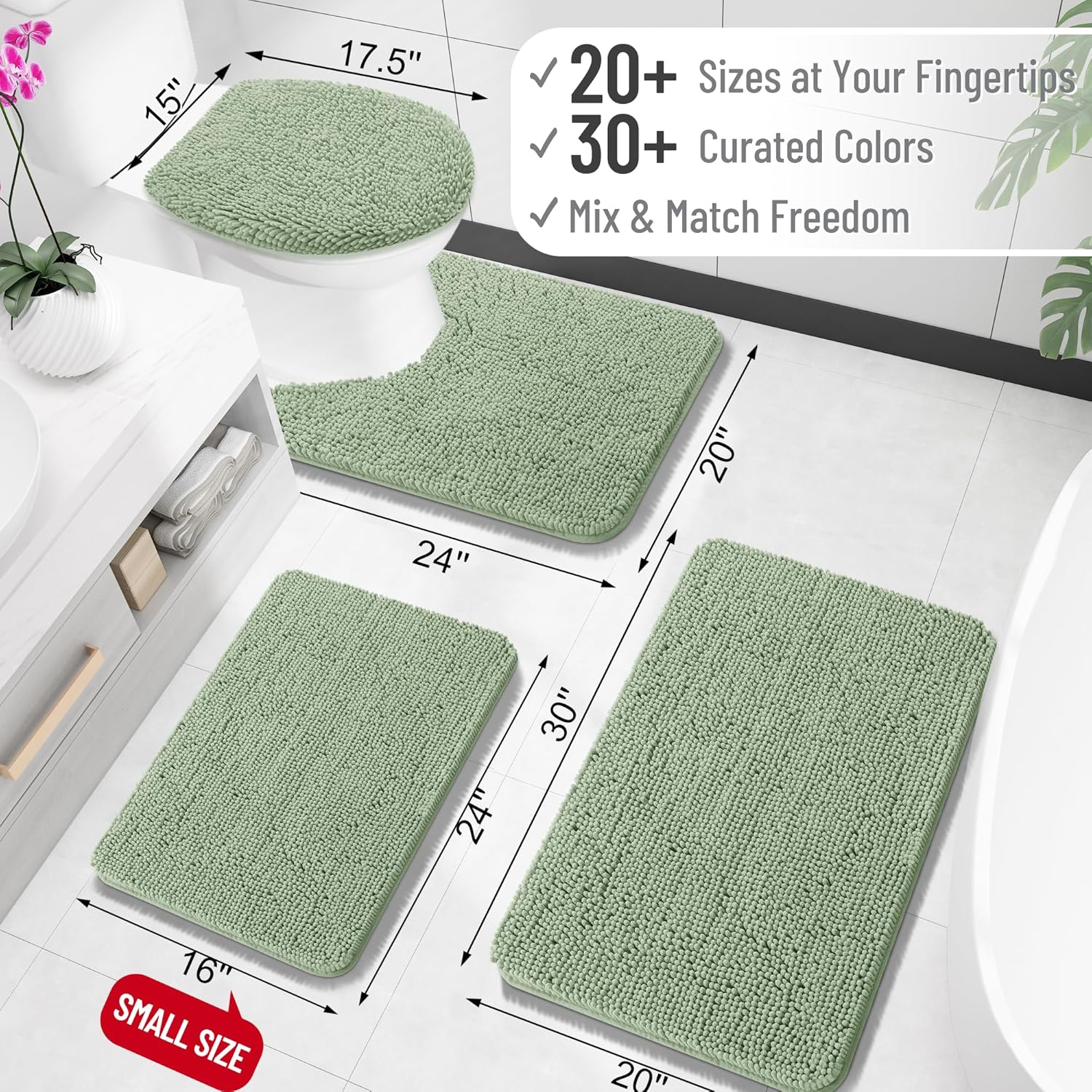 OLANLY Bath Rugs - Extra Soft Chenille with Rubber Backing | Quick Dry & Machine Washable - 32x20 Sage Green