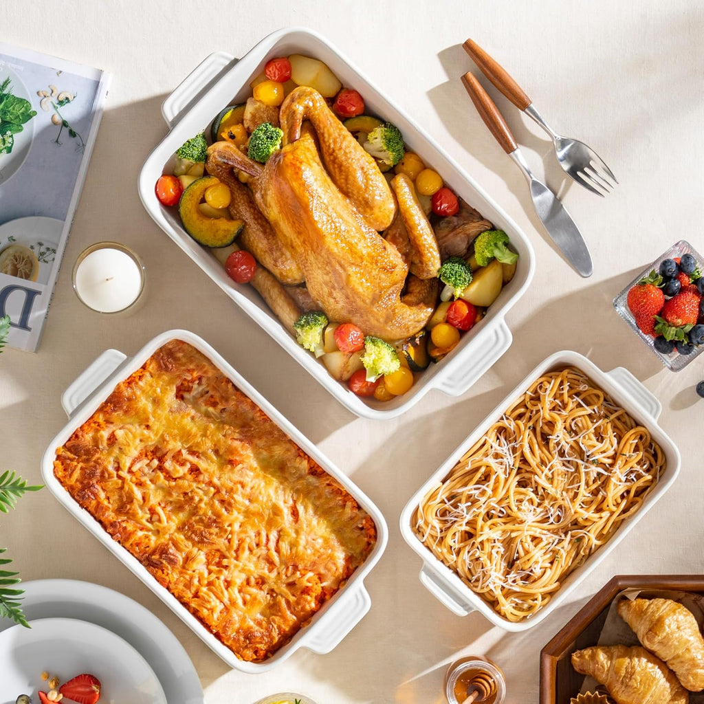 MALACASA Casserole Dishes Set - Ceramic Baking Pan Set of 3 with Handles - Rectangular Lasagna Dish in Khaki White (14.5''/13''/10.5'') | Series TARA