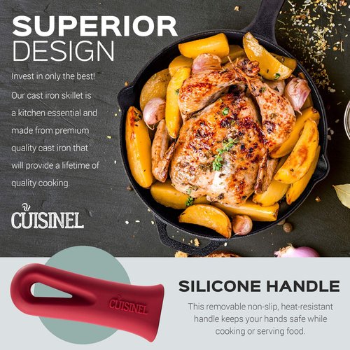 Cast Iron Skillet Set - 8" + 12"-Inch Frying Pan - Pre-Seasoned Oven Safe Cookware + 2 Heat-Resistant Handle Holder Grips - Indoor/Outdoor Use - Grill, Stovetop, Induction Safe. PFAS and PFOA-free