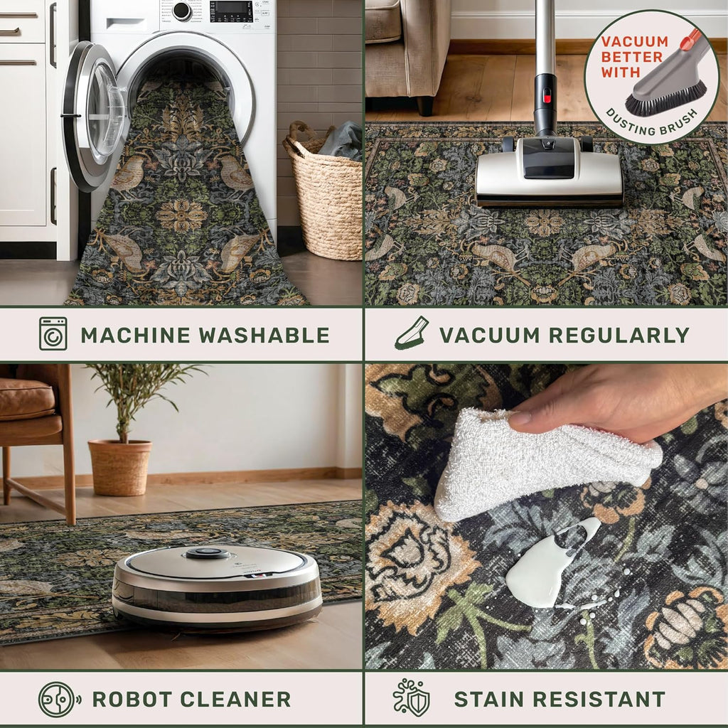 Skiennix Large Entryway Rug - 3x5 Washable Indoor Mat with Moody Woodland Flowers | Non-Slip, Stain Resistant