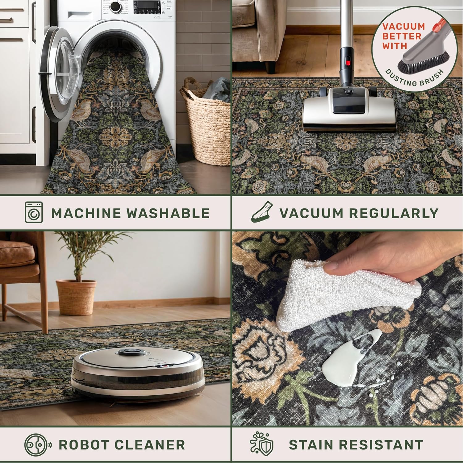Skiennix Large Entryway Rug - 3x5 Washable Indoor Mat with Moody Woodland Flowers | Non-Slip, Stain Resistant