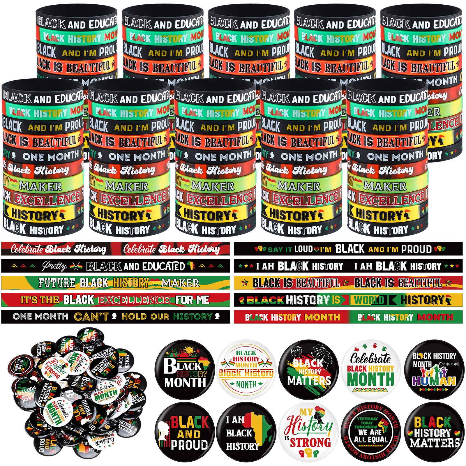 Remuuly 200 Pcs Black History Month Accessories Set Include 100 Silicone Bracelet 100 Inspirational Pin for African Afro American Festival Black American Celebration Accessories
