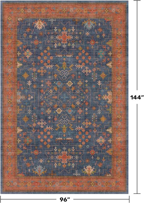Large Area Rug by Navy Blue | Geometric Floral Design - Washable Low Pile Soft Carpet for Living Room & Dining Room
