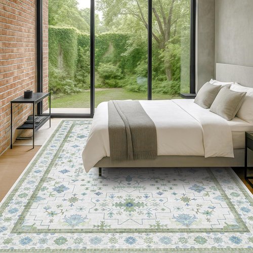 Hazo Haus Washable Area Rugs - Extra Large 10x12 Cream Blue Green Floral Geometric Design