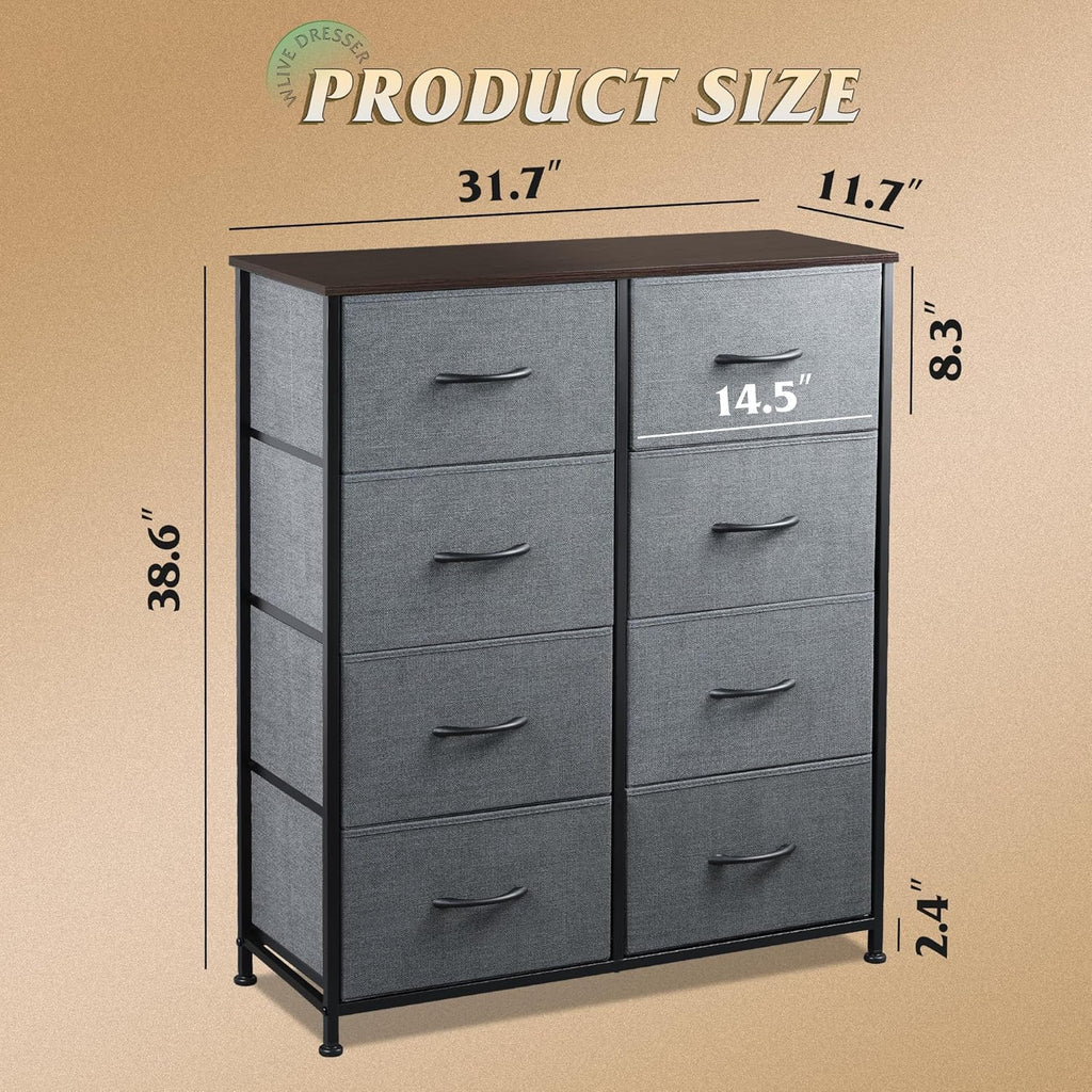 WLIVE Fabric Dresser - Tall 8-Drawer Storage Tower with Fabric Bins | Dark Gray for Bedroom & Living Room