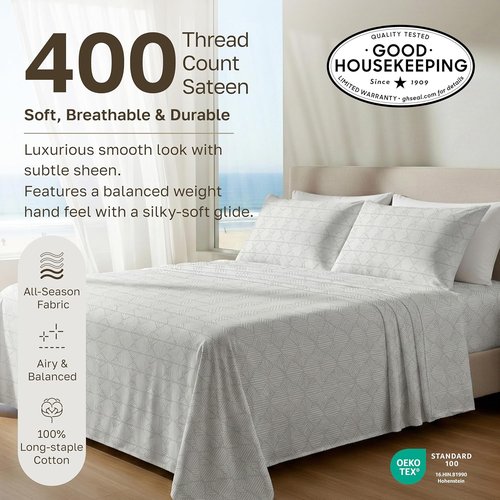 California Design Den Queen Cotton Sheet Set - 400 TC Award-Winning Sateen Finish, Deep Pockets | Crosshatch Taupish & Sage