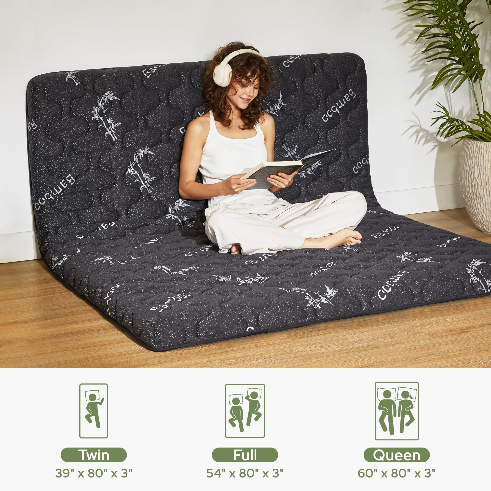 Japanese Floor Mattress Futon Mattress Queen Size Viscose Derived from Bamboo, 3" Thick Tatami Mat with High Density Foam, Foldable & Portable Floor Lounger Bed, Roll Up Sleeping Pad, Guest Room