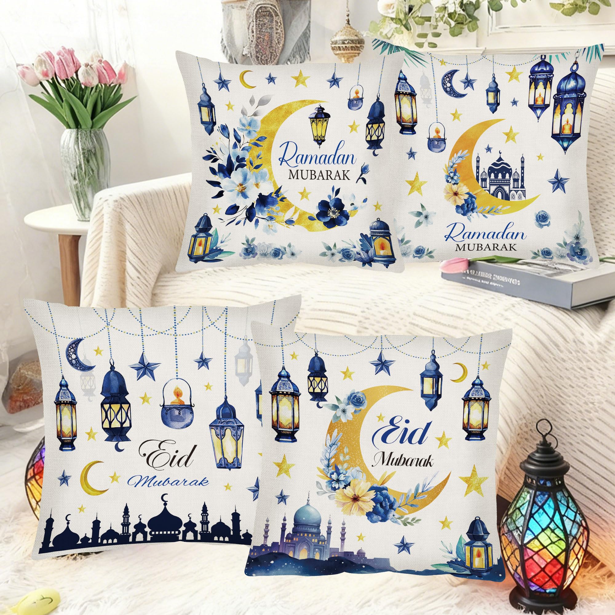 CRASHOT Ramadan Pillow Covers 18 x 18, 4 Pcs Blue and Gold Moon Floral Throw Pillow Cases, Linen Ramadan Decorations for Home, Islamic Festival Holiday Decor for Sofa Couch