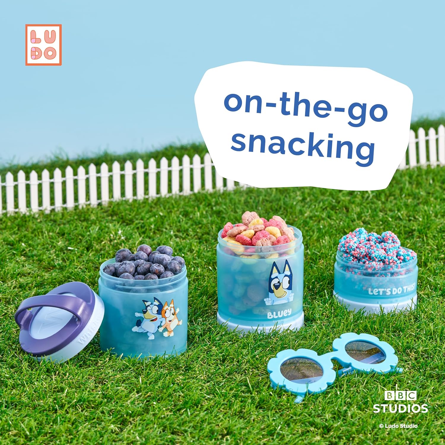 Whiskware Stackable Snack Containers - 3 Cup Set for Kids | Cupholder Friendly, Bluey Design