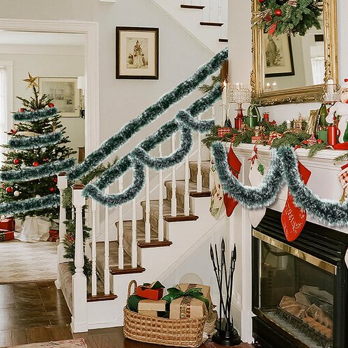 50FT Christmas Tinsel Garland Green Garland for Christmas Tree Decorations, Xmas Tinsel Garlands for Decoration Indoor Outdoor Party Supplies Holiday Decor (Green and White)