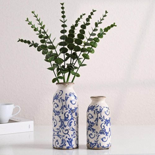 VICTOR & TERESA Blue and White Ceramic Vases Home Decor, Farmhouse Vase for Flowers, Flower Vase Set of 2, Rustic Decorative Vases for Pampas Grass, Table, Living Room, Shelf, Centerpieces, 8 inch