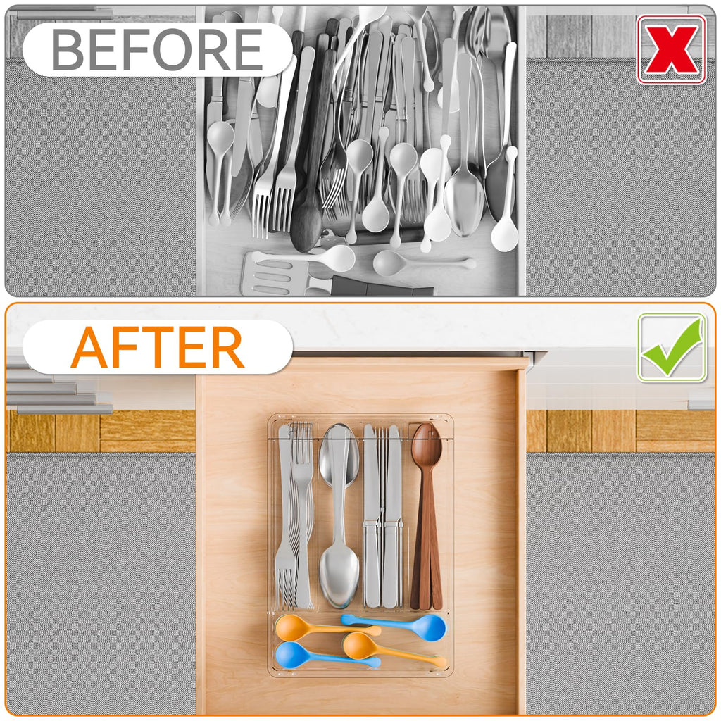 Yieach Clear Silverware Organizer with Lid - 9 inch Wide - Small Silverware Drawer Organizer & Tray and Utensil Drawer Organizers with Lid,BPA Free Plastic Flatware Drawers Organizers for Fork,Spoon