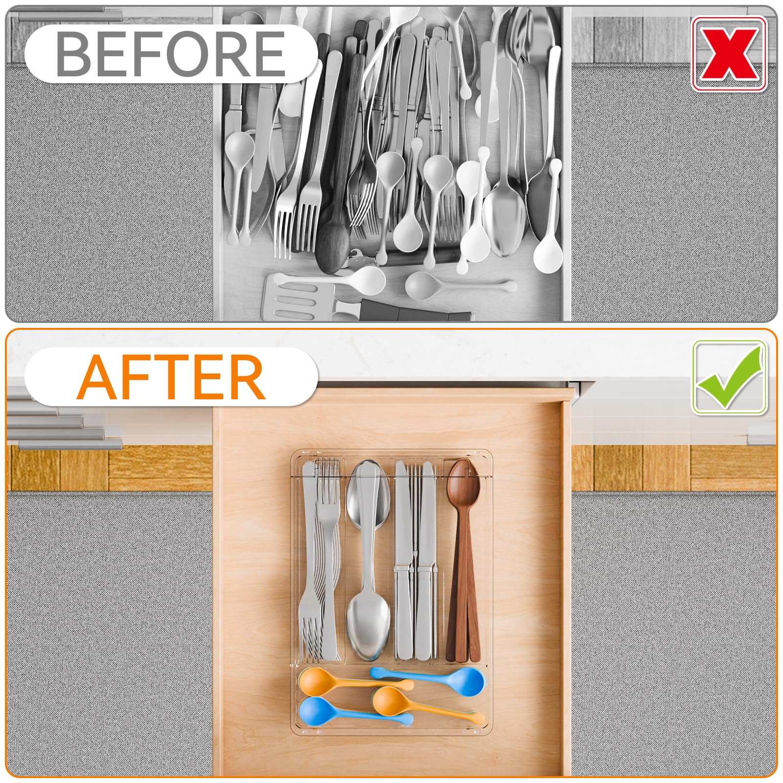 Yieach Clear Silverware Organizer with Lid - 9 inch Wide - Small Silverware Drawer Organizer & Tray and Utensil Drawer Organizers with Lid,BPA Free Plastic Flatware Drawers Organizers for Fork,Spoon