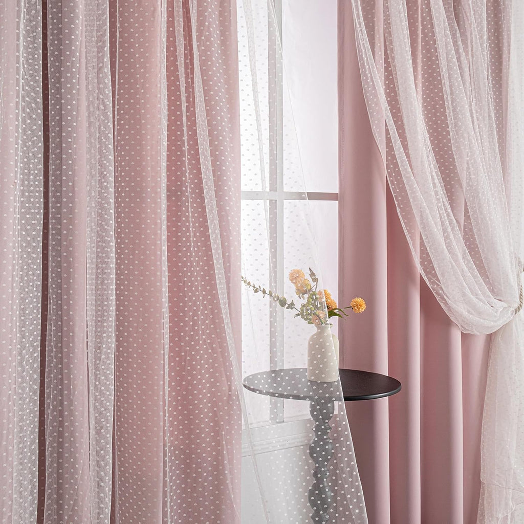 MYSKY HOME Pink Blackout Curtains - Double Layer Polka Dot Drapes for Girls' Bedroom | 52x84 Inch, 2 Panels