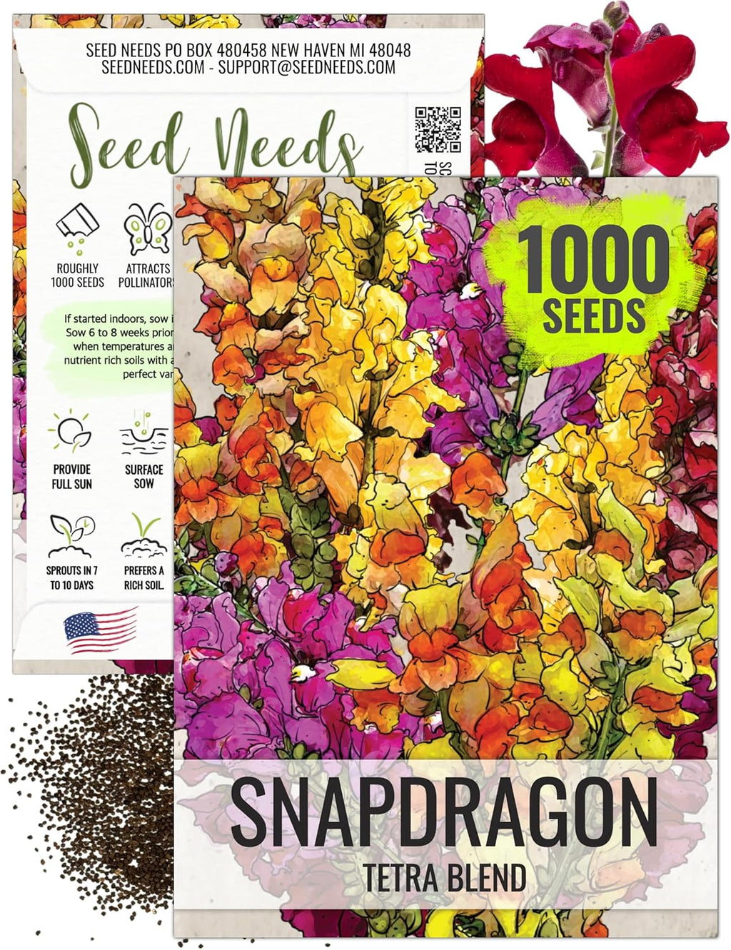 Seed Needs Mixed Tetra Snapdragon Seeds - 1,000 Heirloom Seeds for Vibrant Annual Flowers | Attract Pollinators