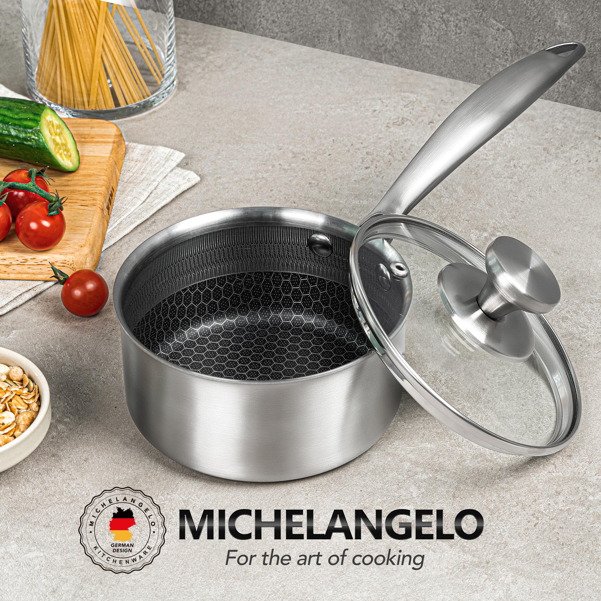 MICHELANGELO 1 Quart Saucepan with Lid, Premium Triple Ply Stainless Steel Sauce Pan with Lid, Small Saucepan with Honeycomb Interior - 1QT