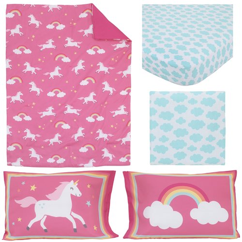 CARTERS Rainbow Unicorn 4 Piece Toddler Bedding Set, Pink, Aqua, White