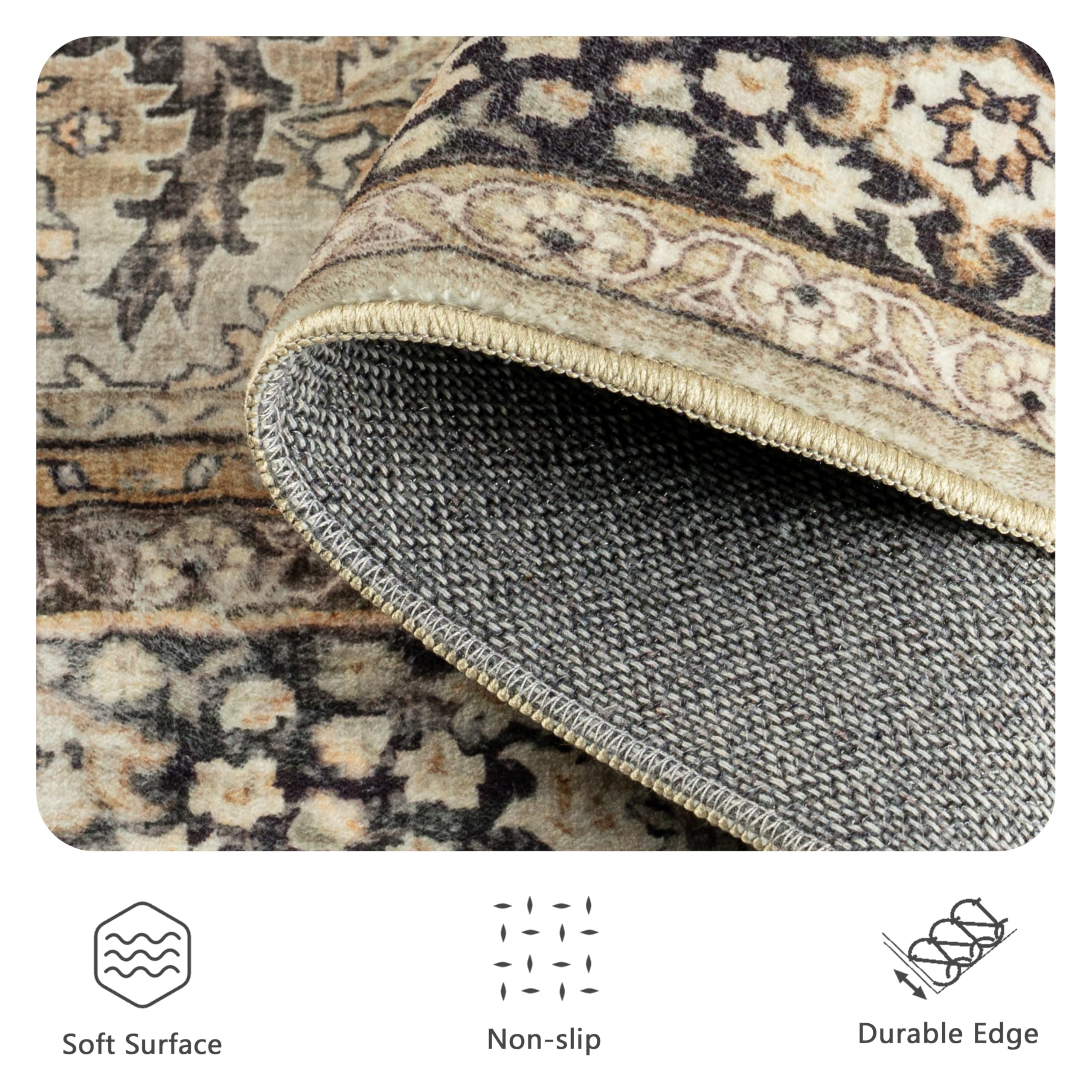 Yarooge 8x10 Area Rugs for Living Room - Washable Vintage Retro Large Rug, Soft Ultra Thin Non Slip Low Pile Traditional Distressed Boho Carpet for Bedroom Dining Room Home Office, Charcoal Olive