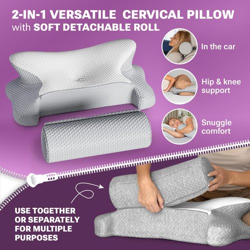 3-in-1 Orthopedic Pillow, Cervical Neck Pillow for Sleeping, Adjustable Height Memory Foam Neck Pillow and Detachable Roll, Contour Pillow for Neck Pain Relief for All Sleeping Positions (White)