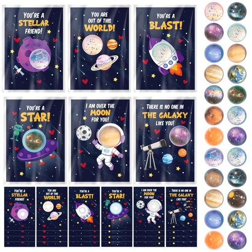 TICIAGA Valentine’s Day Space Exchange Gift - 24 Pack Galaxy Astronaut Greeting Card with Space Bounce Ball and Bag Bulk for Kid, Planet Galaxy Fidget Toy for Valentine Goodie Bag Stuffers Party Favor