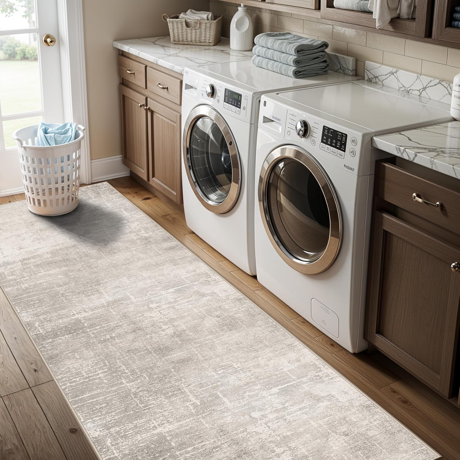 **Hallway Washable Runner Rug - Abstract Stain Resistant Design | Soft Non-Slip Indoor Carpet (2x8, Beige/Cream)**