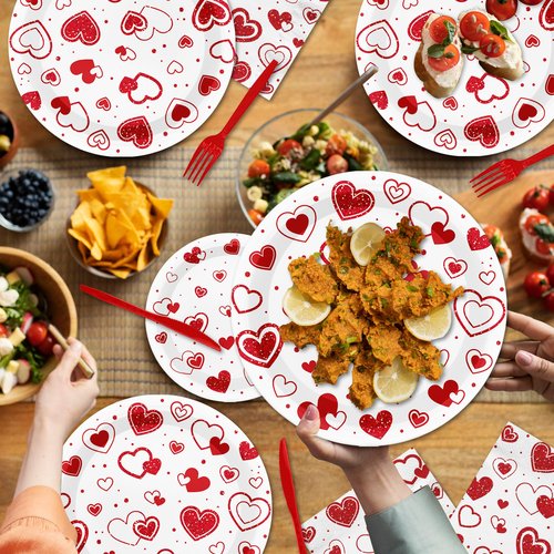 Valentines Day Party Decorations Tableware,146Pcs Valentines Plates and Napkins,Tablecloth,Cups,Forks, Knives,Banner,Heart Plates and Napkins for Kids Valentines Party Supplies,Sever 24