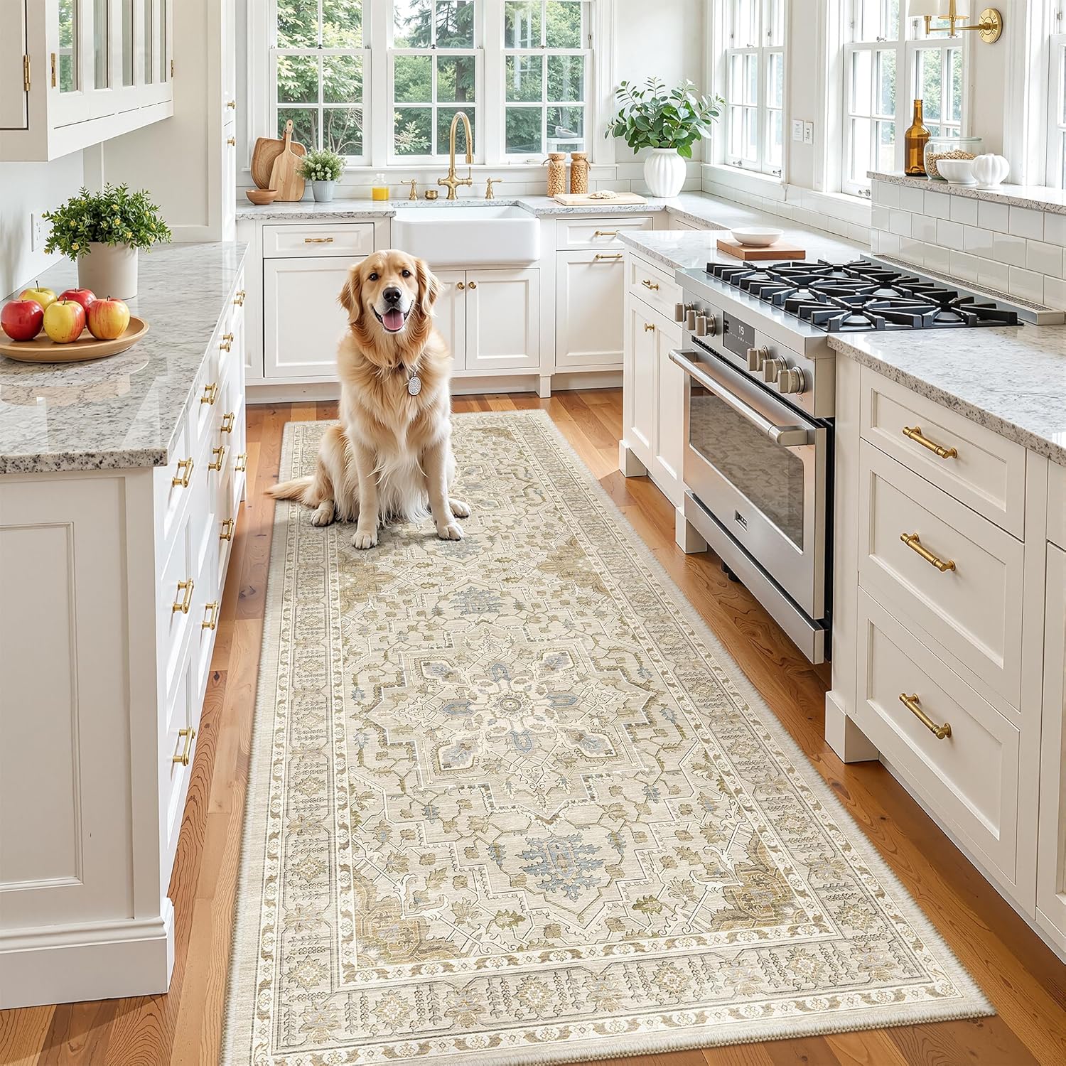 Madane Hallway Runner - Vintage Washable 3x8 Kitchen Rug | Non-Slip Indoor Area Carpet in Beige/Blue