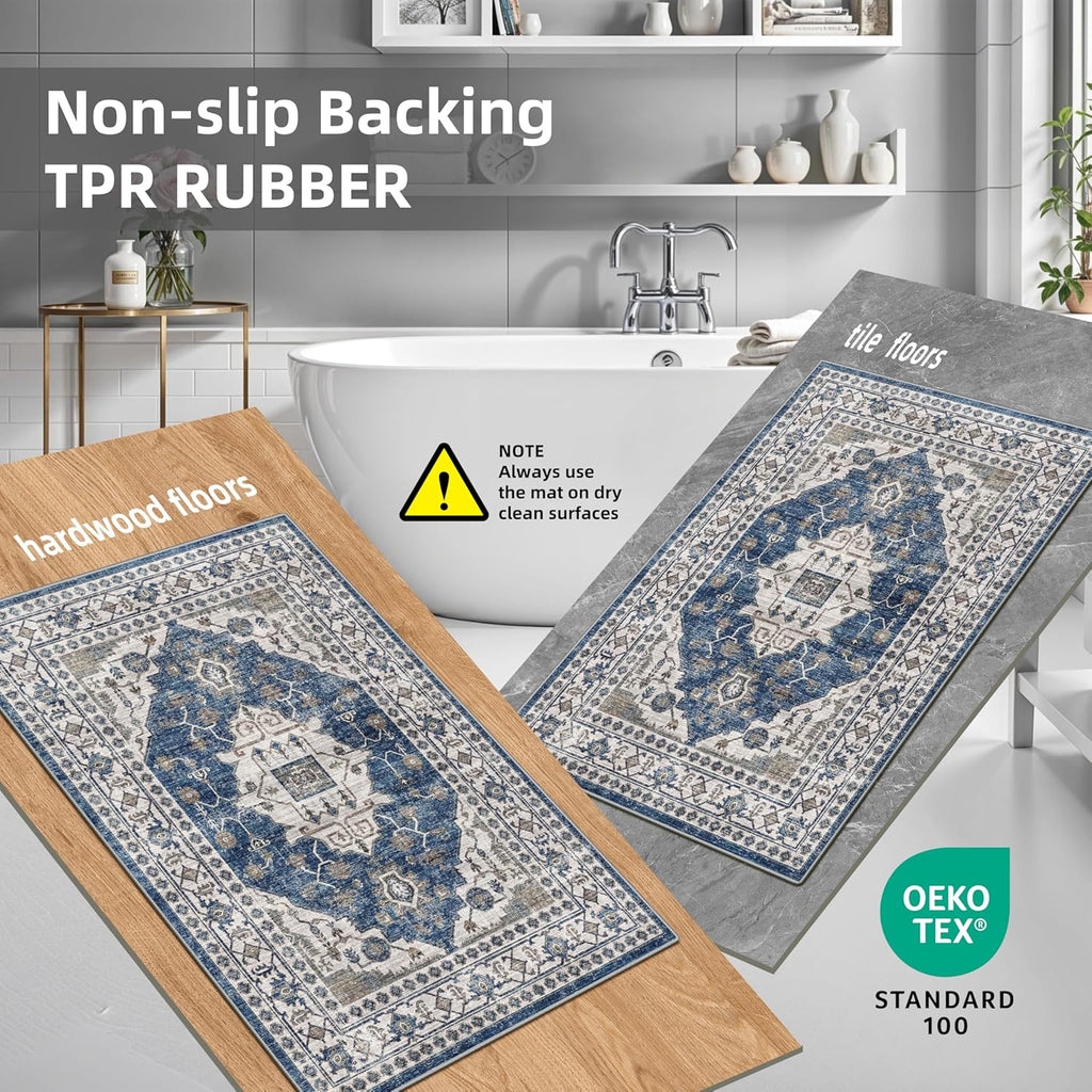 Skiennix Washable 4-Piece Kitchen Floor Mats - Non-Slip, Easy Clean, Water-Resistant Rugs | Blue