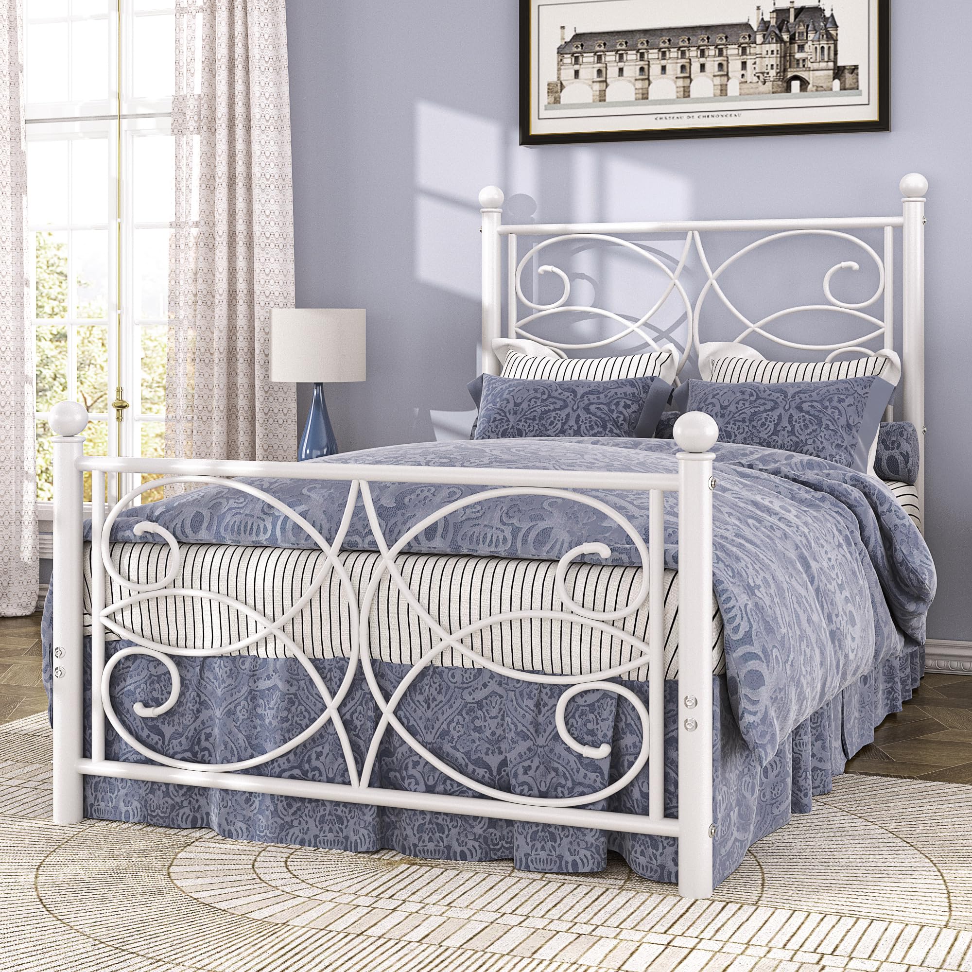 VECELO Full Size Metal Platform Bed Frame with Vintage Headboard and Footboard/Under-Bed Storage, No Box Spring Needed & Noise Free, White