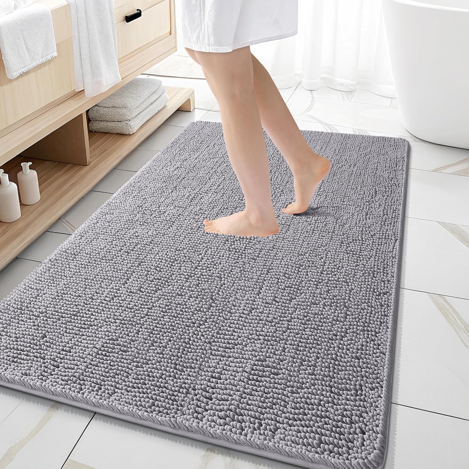 OLANLY Large Bath Rugs - Extra Soft Chenille, Quick-Dry & Machine Washable | 59x35 Inches, Grey
