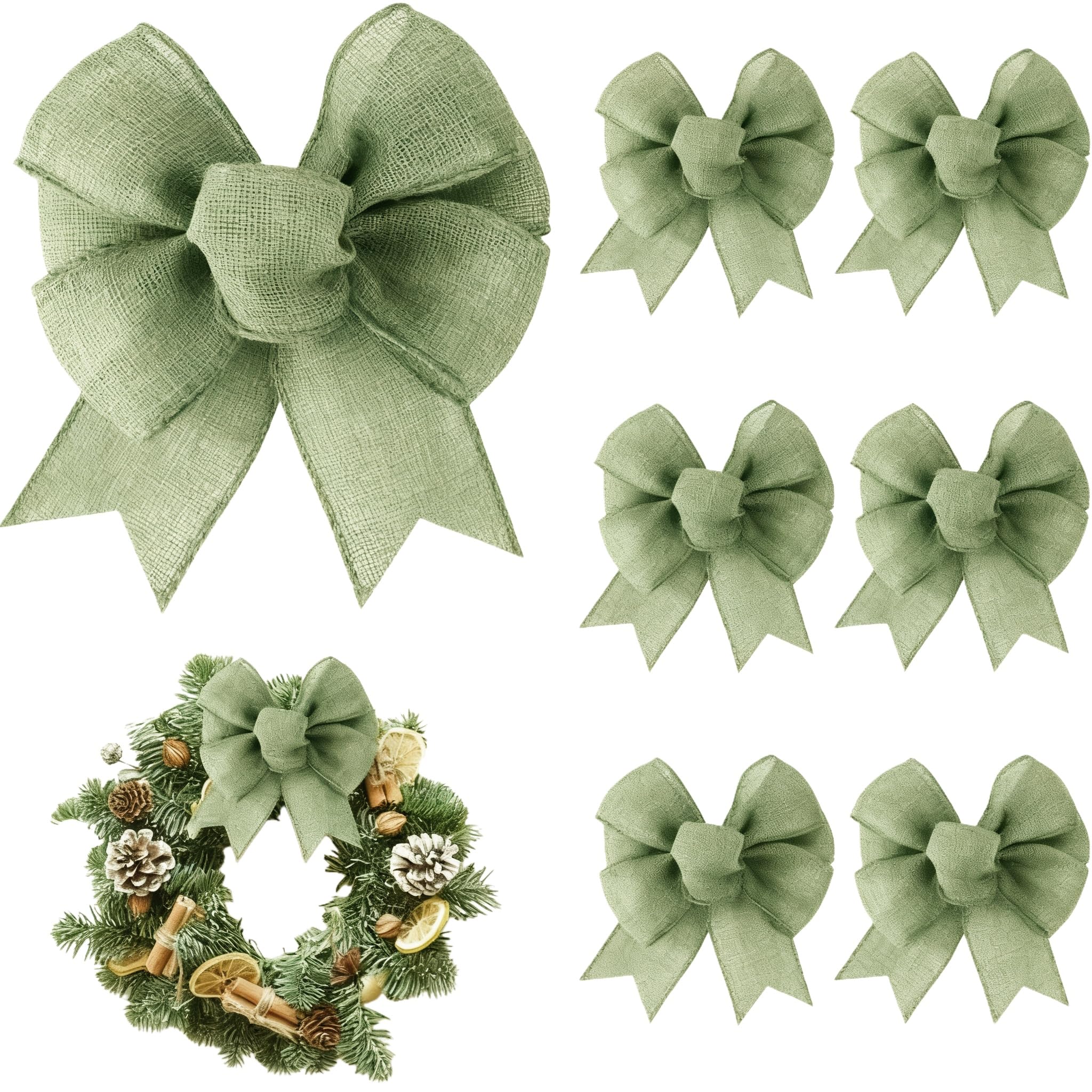 Meseey 8 Pcs Burlap Bows for Wreaths Large 6 Inches Linen Bow for Christmas Decorations Bunting Indoor Outdoor Decor and Party (Sage Green)