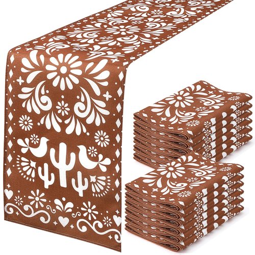 Hahafelt 12 Pcs Mexican Talavera Cielito Lindo Table Runner 71 x 13'' Linen Baby Shower Home Decor Traditional Cinco De Mayo Dia De Los Muertos Day of The Dead Fiesta Party Decoration Supplies (Brown)