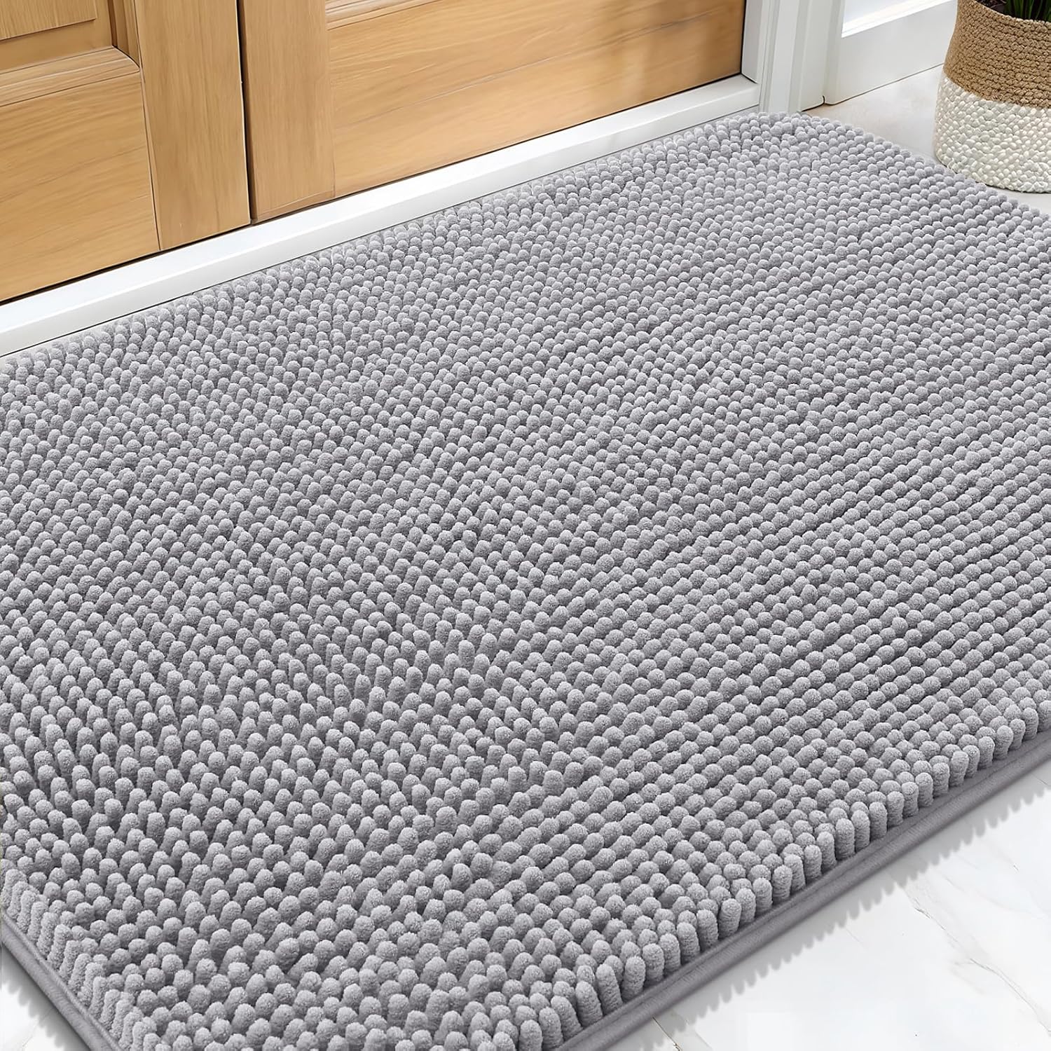 OLANLY Dog Door Mat - Absorbent Non-Slip Washable Chenille Mat for Muddy Paws | 34x21 Light Grey