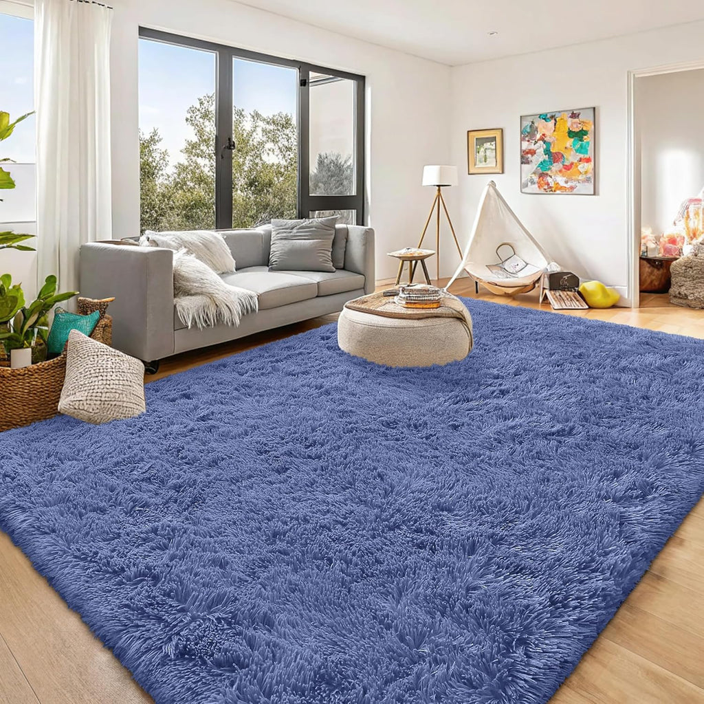 OLANLY Large Area Rug - Soft Fluffy Shaggy Carpet for Living Room & Bedroom | Denim Blue 9x12