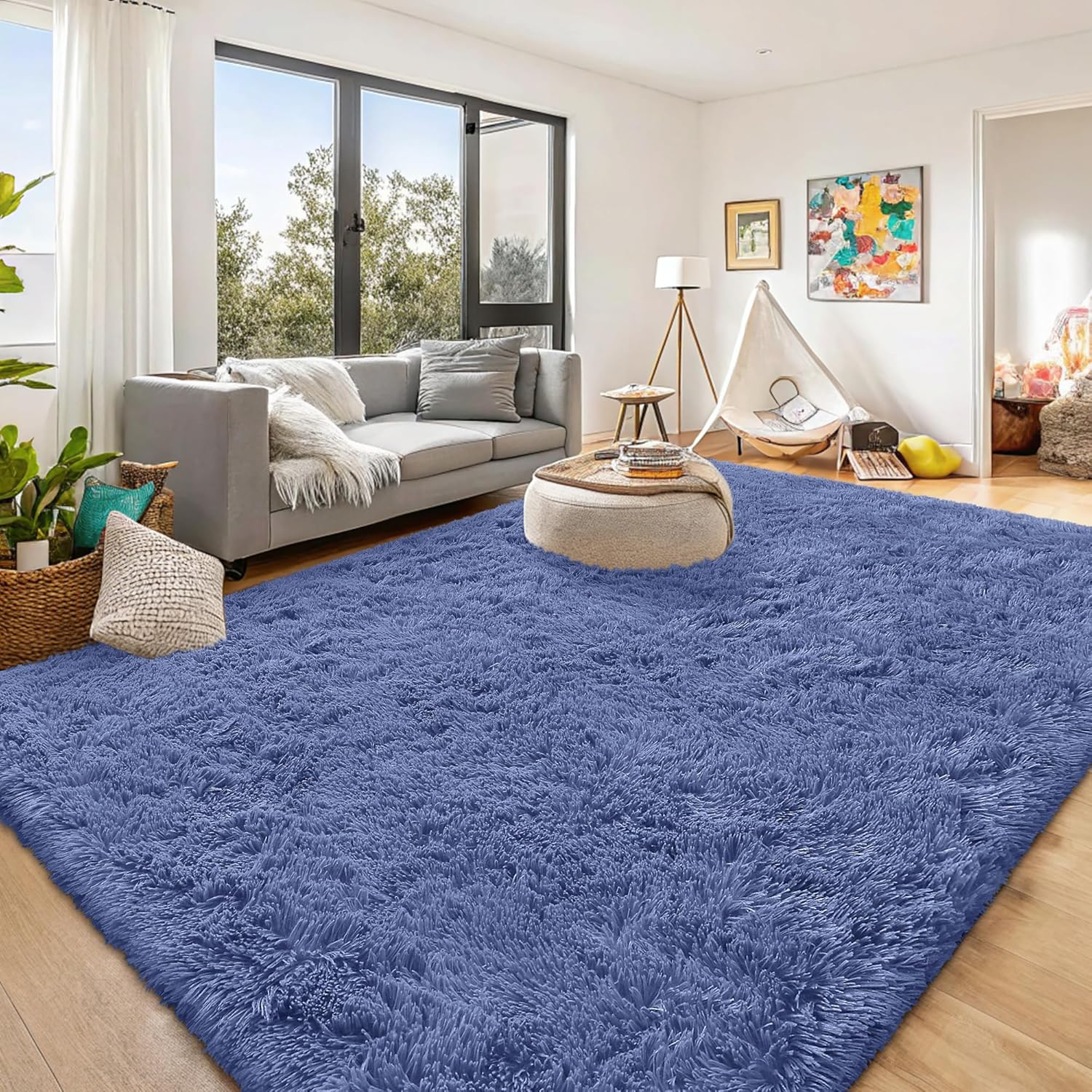 OLANLY Large Area Rug - Soft Fluffy Shaggy Carpet for Living Room & Bedroom | Denim Blue 9x12