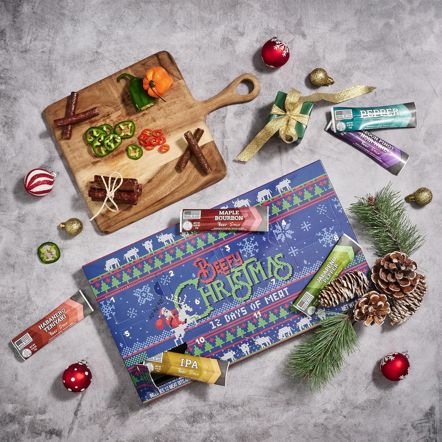 Man Crates 12 Days of Jerky Advent Calendar 2025 - Festive Beef Jerky with Ugly Christmas Sweater Design | 12 Unique Flavors