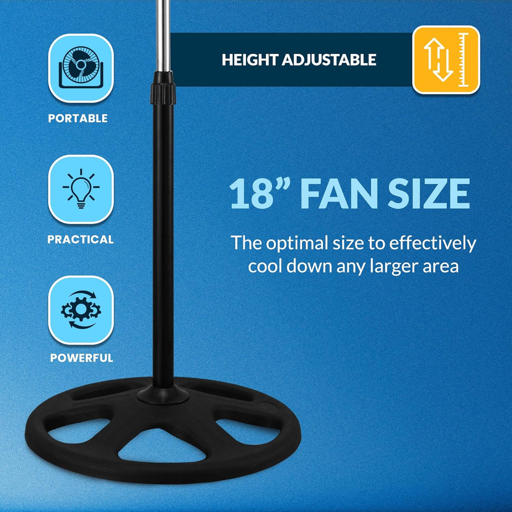 PAMI 18” High-Velocity Oscillating Pedestal Fan - Portable 3-Speed Floor Fan with Adjustable Height | Powerful Airflow for Home & Office, Black
