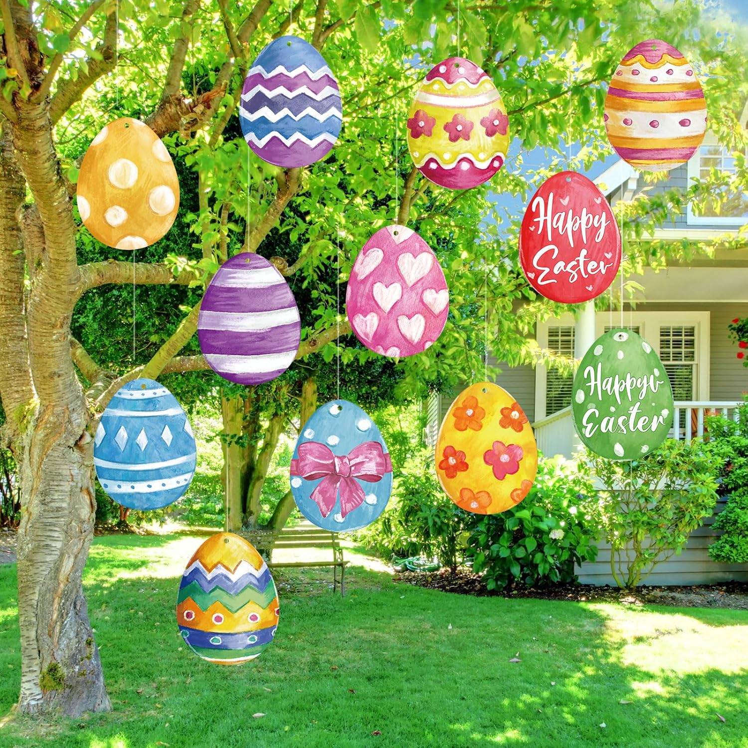 Skiennix 12 Pcs Large Outdoor Easter Egg Decorations - Colorful Double-Sided Hanging Ornaments for Lawn & Porch