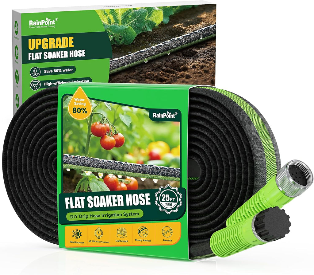 RAINPOINT Soaker Hose - 25FT Leakproof Flat Drip Hose | 80% Water-Saving for Gardens & Vegetables