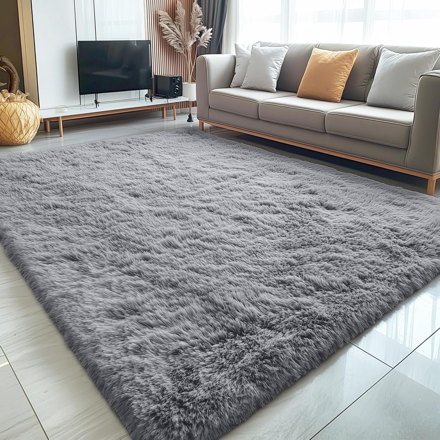 OLANLY Area Rugs - Soft Fluffy Shaggy Indoor Carpet for Living Room & Bedroom | Light Grey 6x7 ft