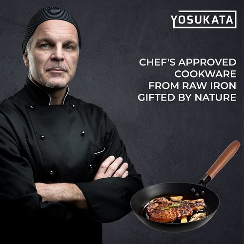 YOSUKATA 11.8" Carbon Steel Frying Pan – Non-Toxic Pre-Seasoned Skillet with Removable Wooden Handle – Coating-Free Wok-Style Pan for Gas, Induction, Electric, Oven & Grill BBQ