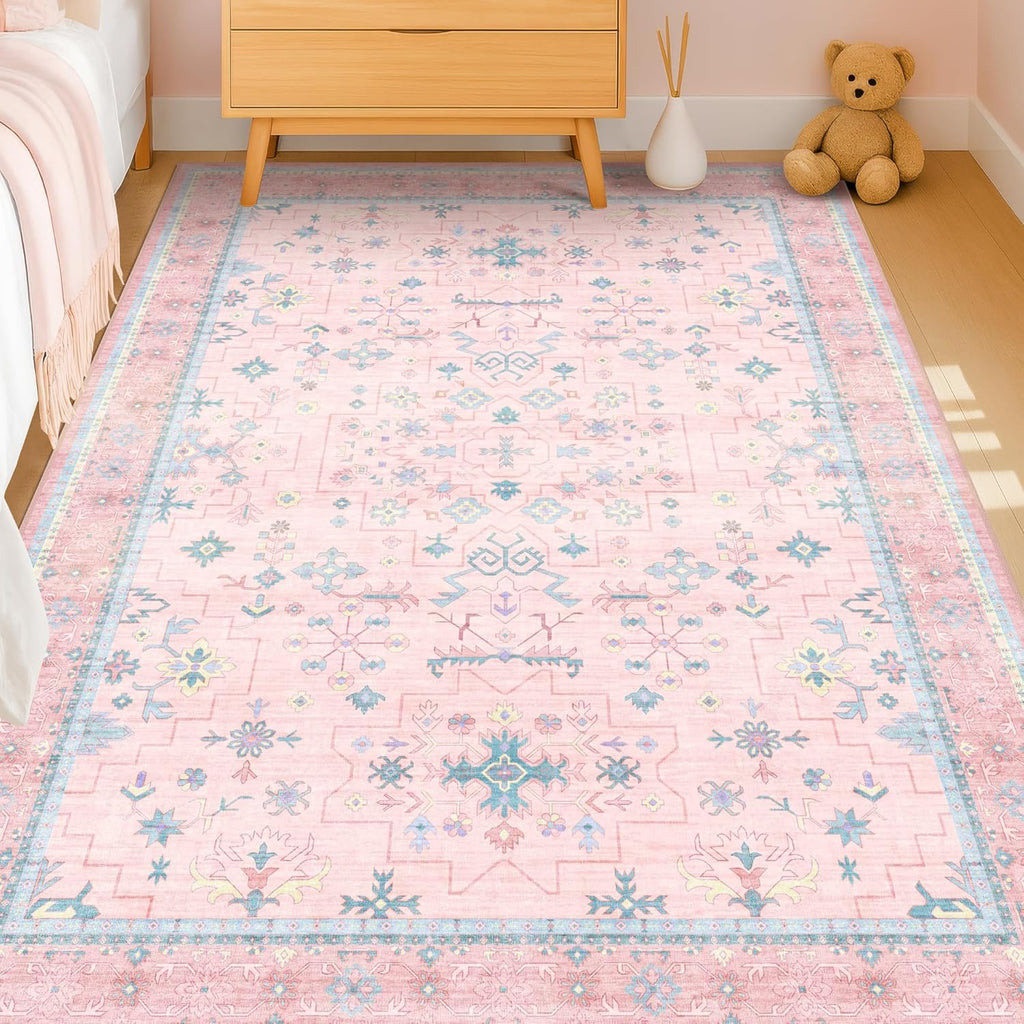 Skiennix Boho Area Rug - Washable Pink & Blue Floral Design | 6x8 ft Soft, Non-Slip Carpet for Kids' Rooms