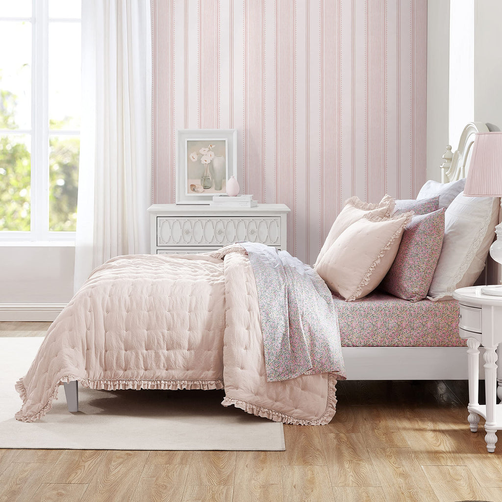 Laura Ashley – Twin Quilt Set, Ultra Soft Bedding with Matching Sham, Ruffled Pink Room Decor, College Dorm Room Essentials (Hailee Pink)