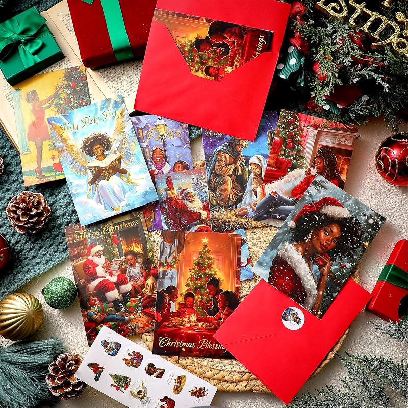 African American Christmas Cards Bulk Pack – 100 Cards with 100 Red Envelopes & 100 Stickers – 4x6 in | Variation: 100+African